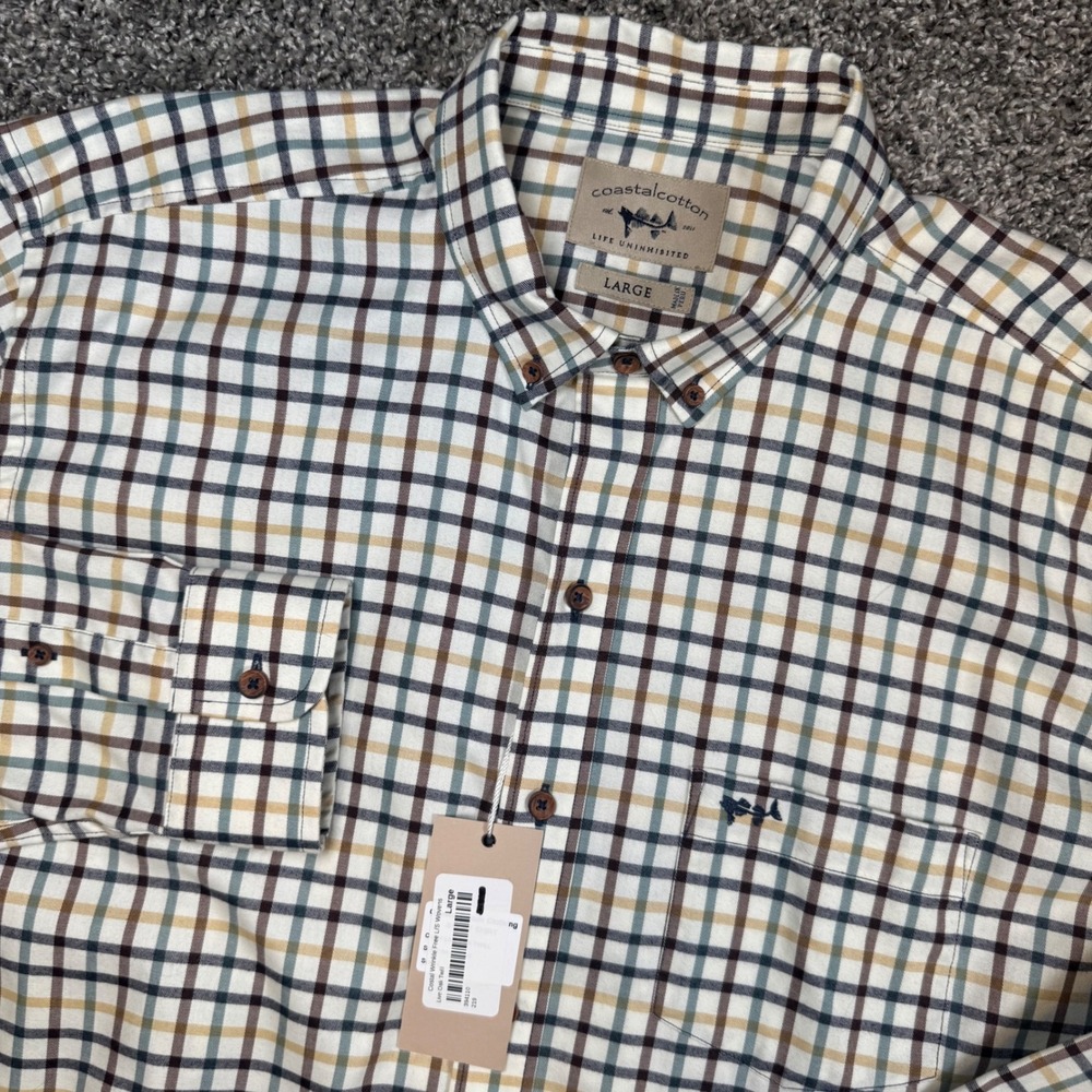 Coastal Cotton Men Large Tan Navy Blue Plaid Twill Button Down Shirt NWT